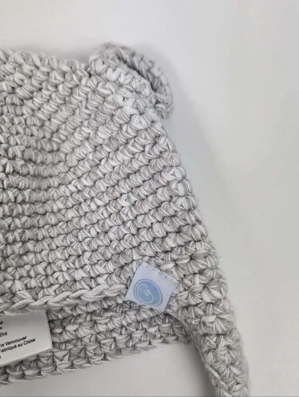 Beba Bean Baby Gray Crochet Knit Bear Hat Bonnet 3-6M 100% Cotton